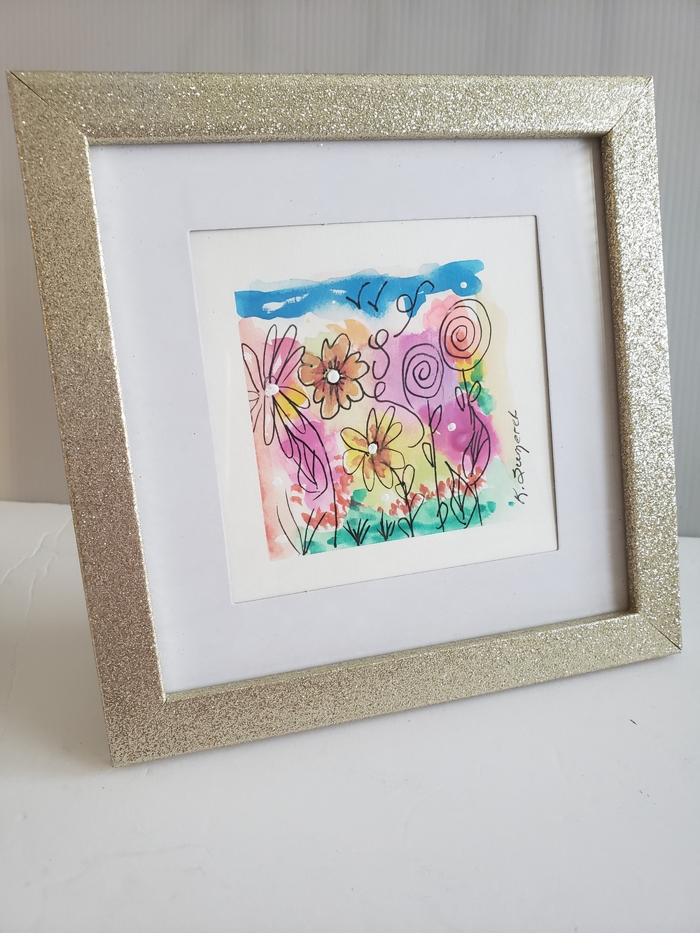 Framed Colorful Floral Original Watercolor Art Gold Frame